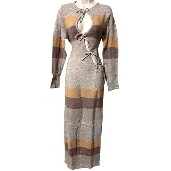 PrettyLittleThing XS Mocha Tie Front Distressed Knit Bardot Maxi Dress - Picture 2 of 6
